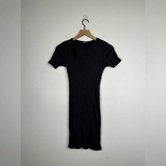 Monrow Women's Black Ribbed Short Sleeve Cutout Mini T-Shirt Dress Size XS - Picture 3 of 10